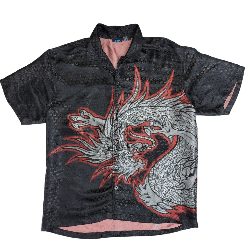 MT:2 Y2K Men's Large Dragon Button Down Short Sleeve Shirt Black‎ Red Silver